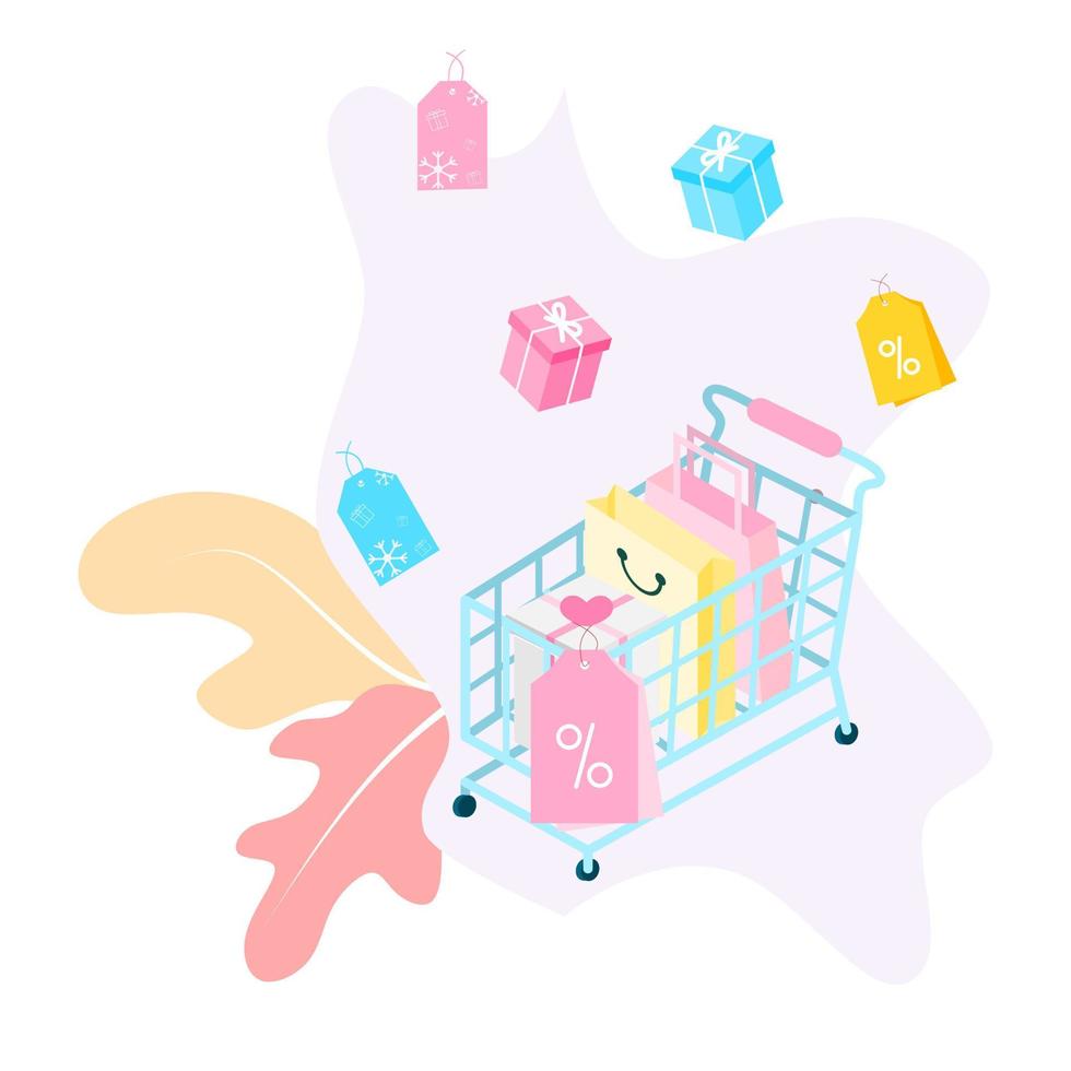 Customers getting reward gift. Happy about discount, cashback, coupon, big sale or voucher promotion. Flat Isometric vector illustration for sale, loyalty program, bonus, promotion concept.