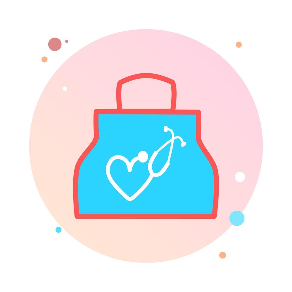 First aid kit medicine in circle icon. Doctor's first-aid kit. Medicine chest vector illustration. Study medicine doctor's kit with bag. Pharmacy, medical bag in round shaped icon.