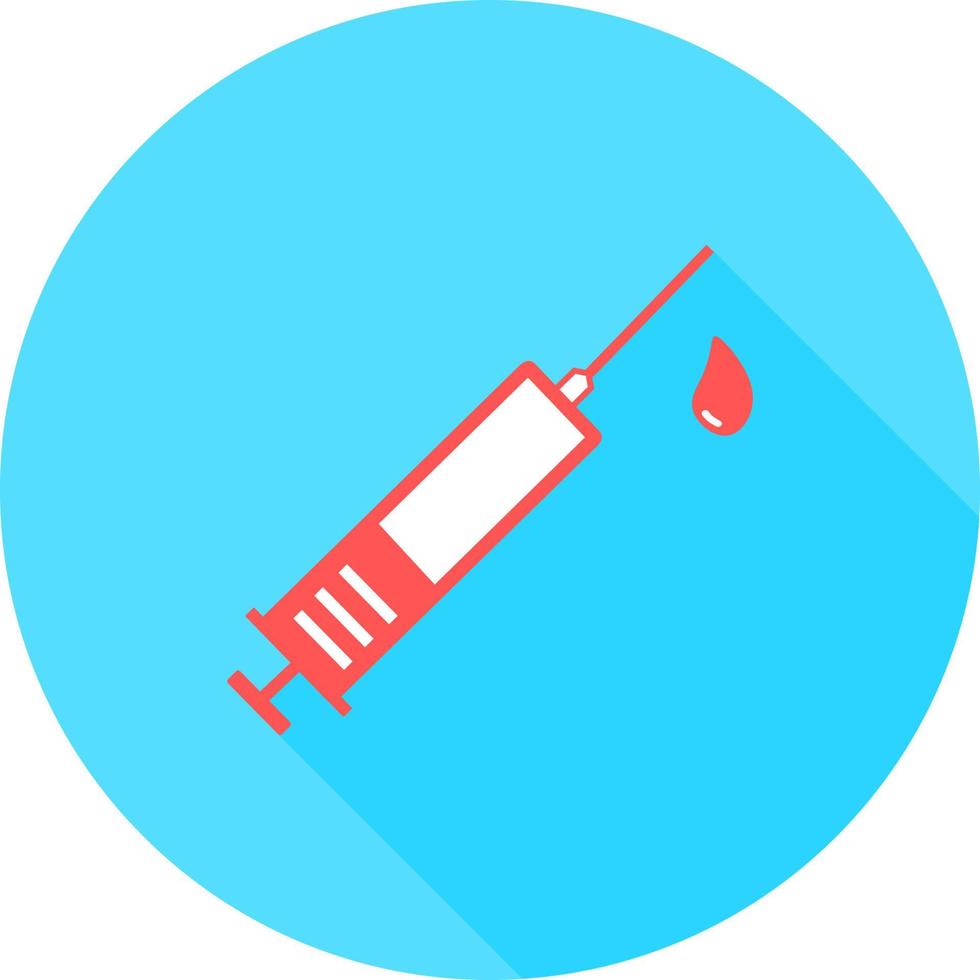 Medical syringe, hypodermic needle, Inject needle concept of vaccination, injection in circle icon with long shadows. Vector illustration. Drug dose concept. Symbol web site design, logo, app, UI.