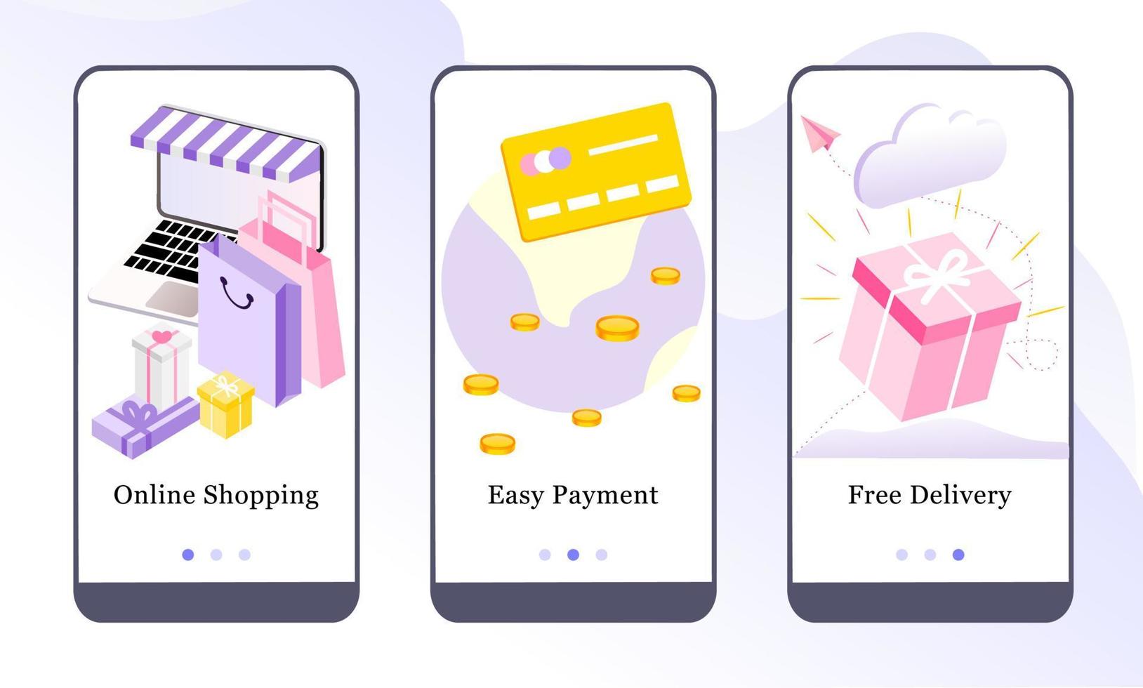 Vector illustration of online shopping, easy payment and free delivery service on the onboarding app screens and web concept. Interface UX, UI GUI screen template for smart phone or web site banners.