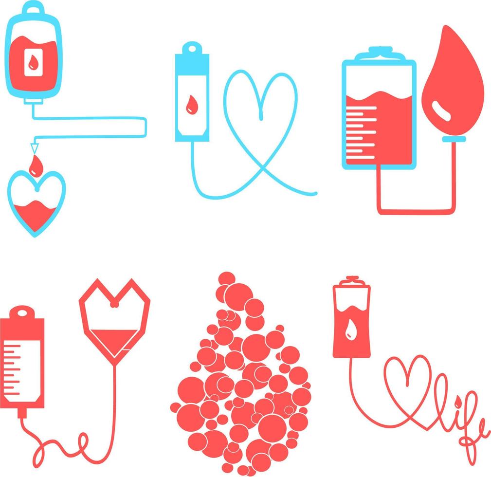 Set of A blood donation bag with tube shaped as a heart. EPS10 vector format. web site design, icon, logo, app, UI. Vector illustration. World blood donor. Give blood