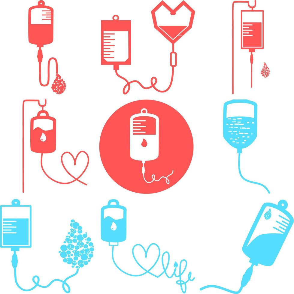 conjunto de una bolsa de donación de sangre con tubo en forma de corazón. formato vectorial eps10. diseño de sitios web, icono, logotipo, aplicación, interfaz de usuario. ilustración vectorial. donante de sangre mundial. donar sangre vector