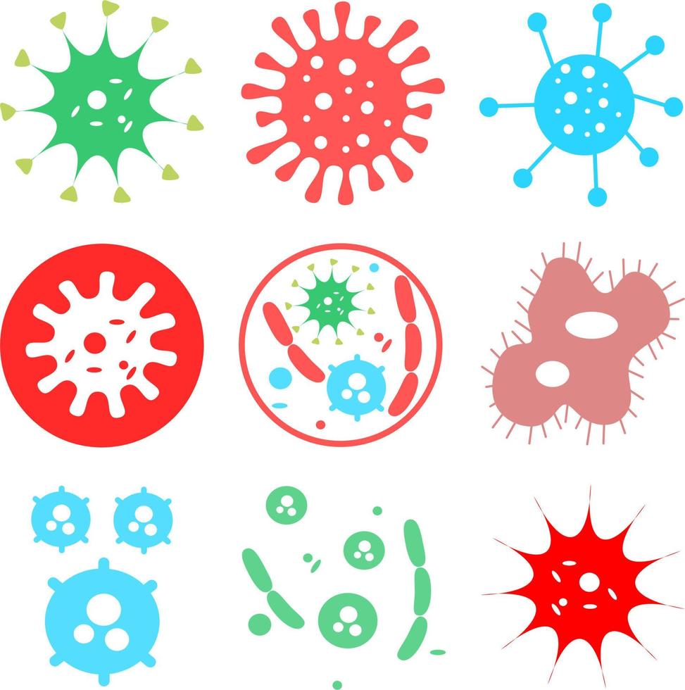 Conjunto de iconos de bacterias, microbios y virus, signos y símbolos en salud de diseño plano con elementos para conceptos móviles y aplicaciones web. colección de logotipo y pictograma de infografía moderna. vector del virus corona.