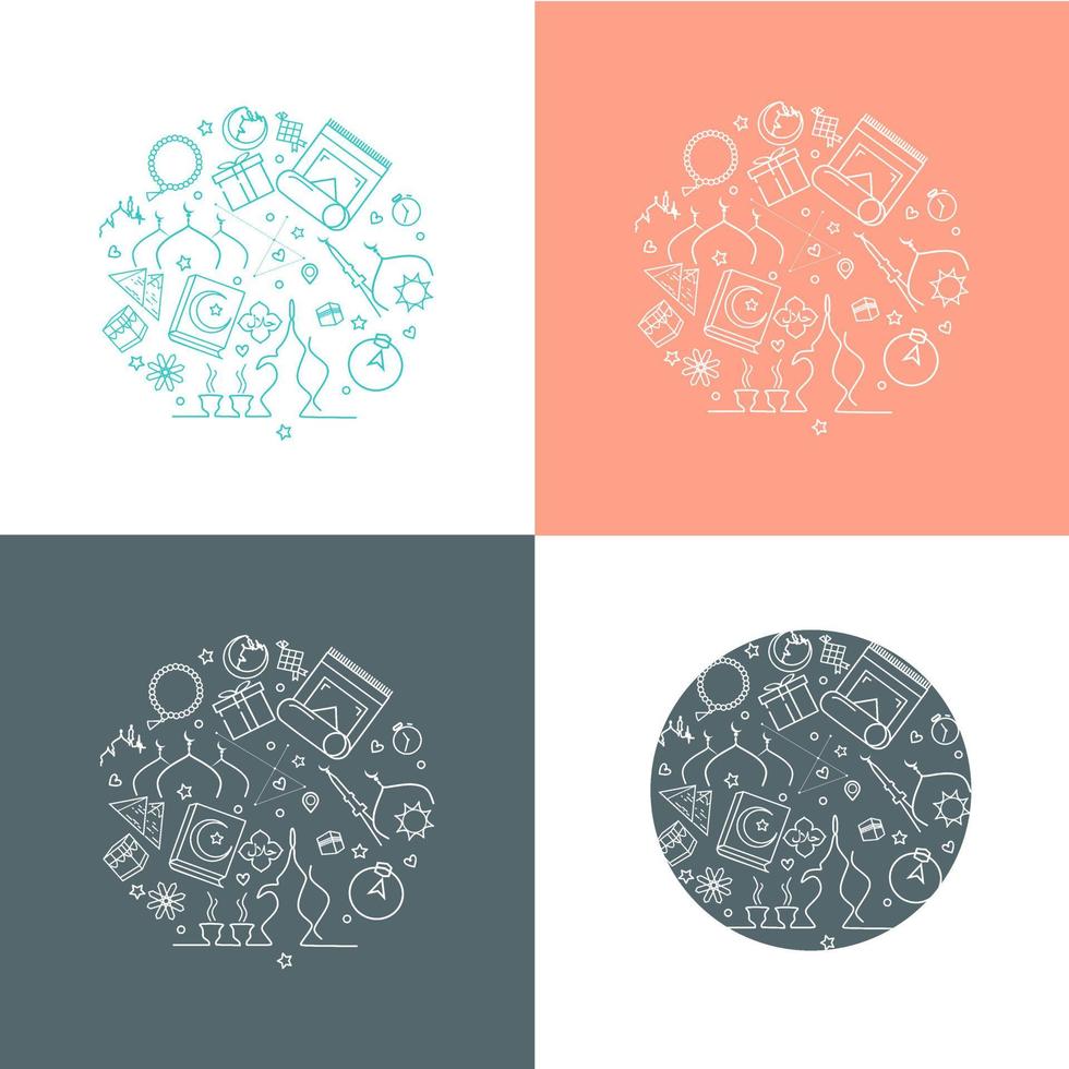 iconos de líneas islámicas en forma circular. símbolos de los iconos de ramadan kareem en patrón de círculo. Ilustración de vector moderno de iconos islámicos para plantilla de página web, medios impresos, banner, fondo, cartel.