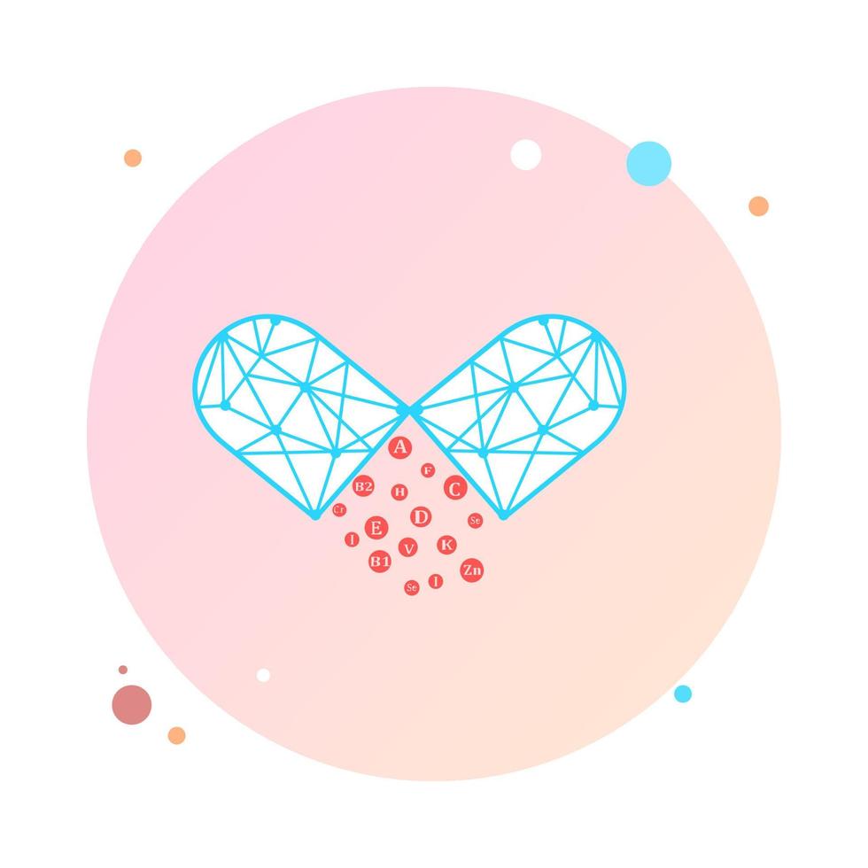 Essential vitamin and mineral complex in circle icon. Vector creative design vitamin pill capsule. Multi vitamin complex in round icon. Multivitamin supplement, vitamin logo. Diet infographic poster.