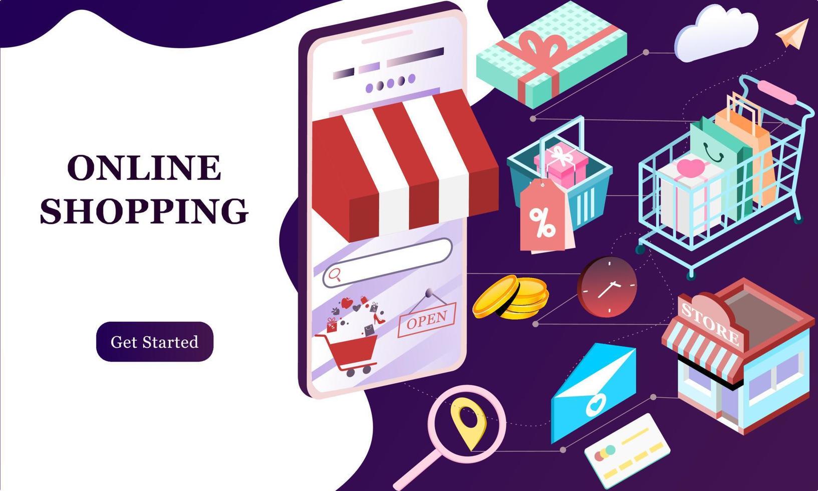 Landing page of 3d isometric online shopping on websites or mobile applications concepts of vector e-commerce and digital marketing. Isometric background illustration for banner online store promotion