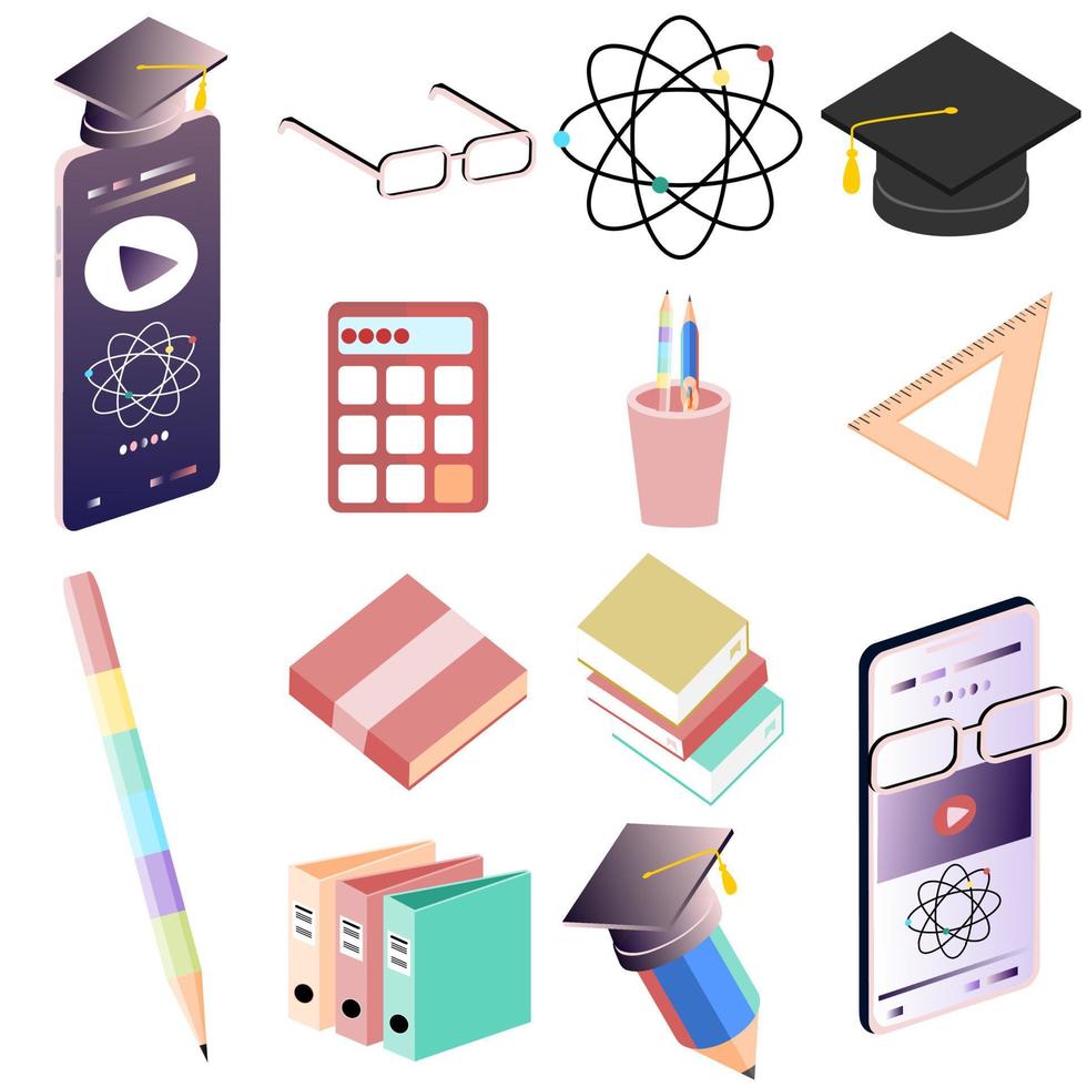 Ilustración isométrica del vector de los iconos del conjunto de la educación escolar 3d. gafas, átomo, gorro de graduación, calculadora, lápiz, libro, teléfono inteligente, icono de regla. conjunto de iconos de aprendizaje.