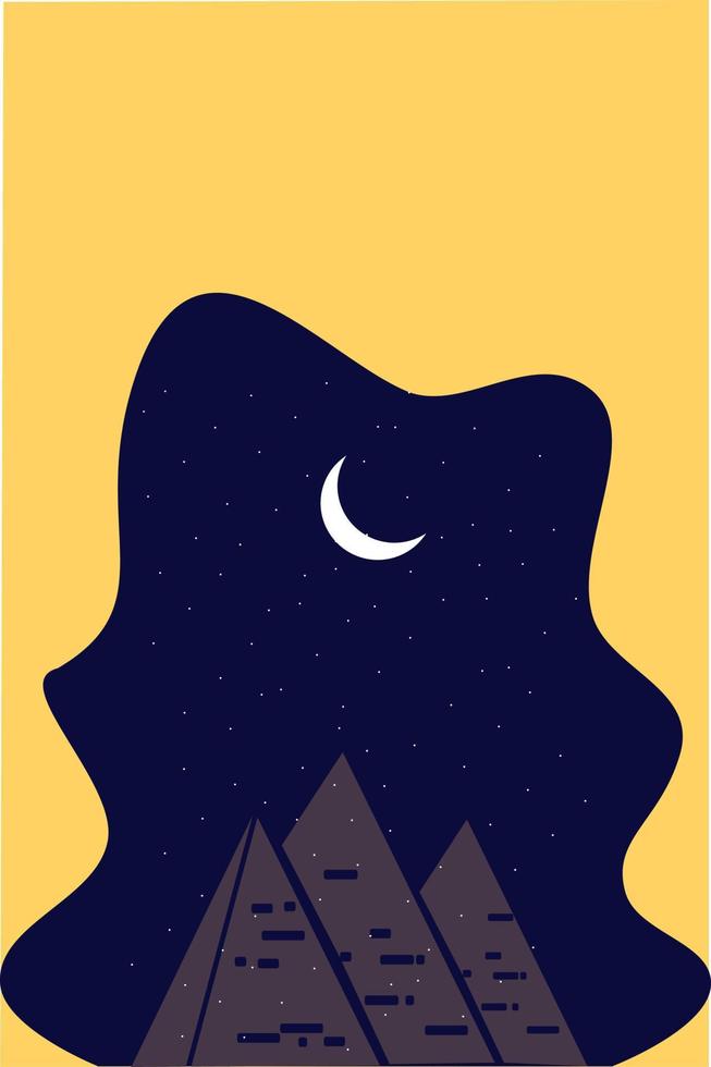 Ilustración de fondo del desierto de Egipto con luna, pirámides y estrellas en la noche. Plantilla de vector para protector de pantalla de teléfono móvil paisaje de monumentos famosos de Egipto. tema de fondo de teléfono inteligente y fondo de pantalla