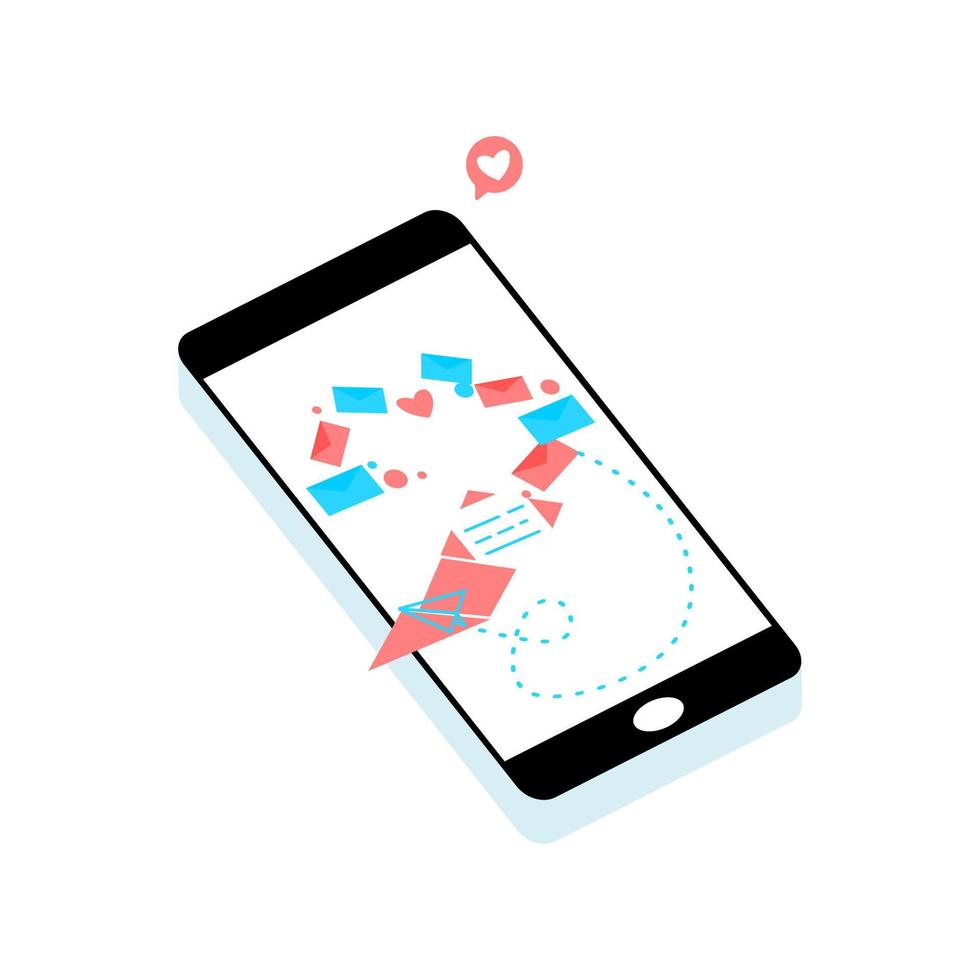 Ilustración de vector de concepto de intercambio de datos globales utilizando un teléfono inteligente móvil para ver el correo electrónico en las redes sociales. teléfono inteligente plano para enviar correo electrónico. marketing por correo electrónico, marketing de boletines y campañas de goteo.