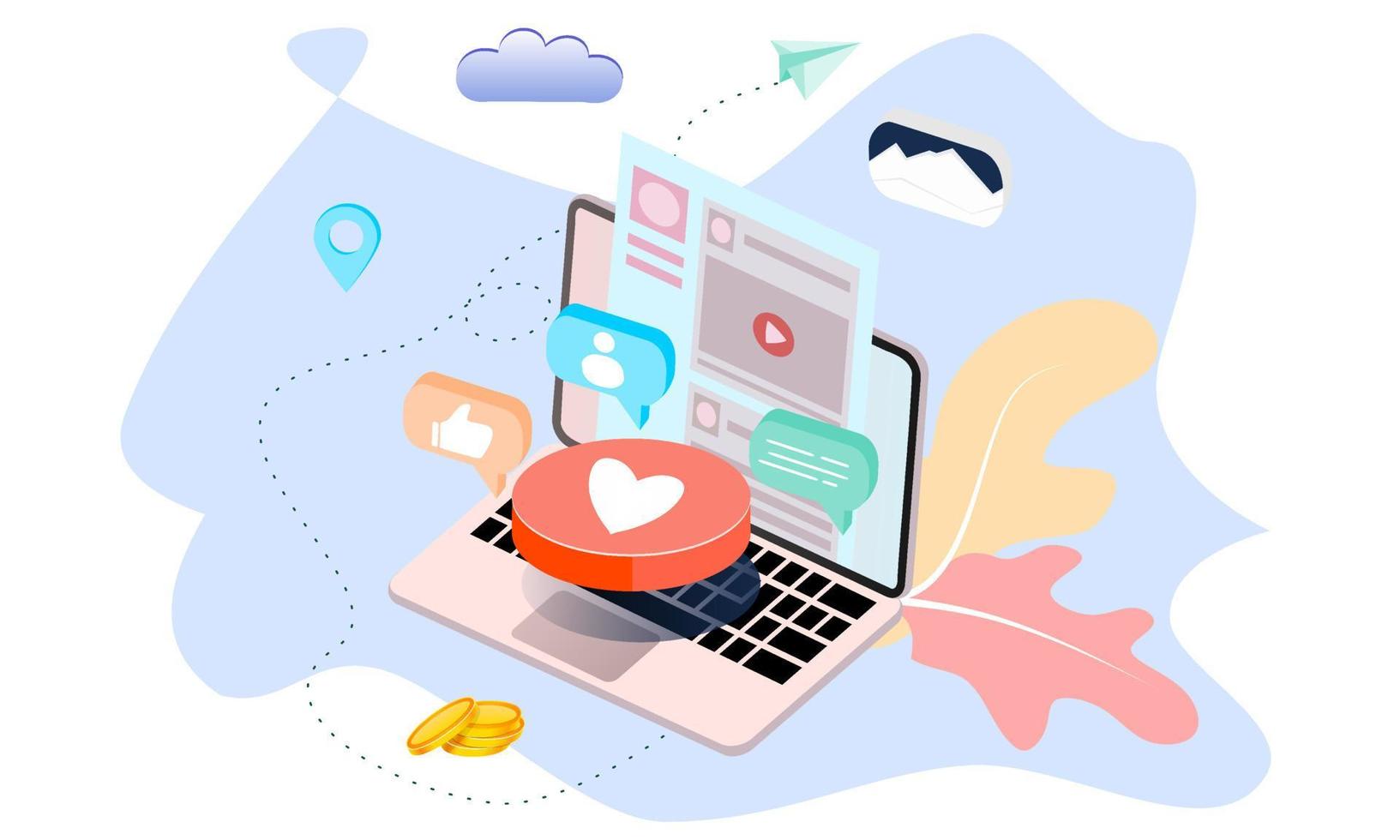 Landing page of social media marketing. Communication in social networks. Image of mobile phone with chat, likes and money. 3d isometric design for infographics, banner, website, promotional materials vector