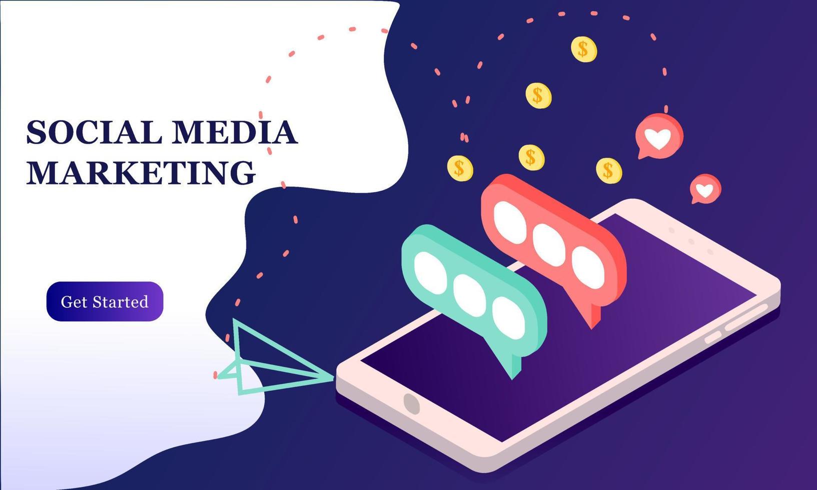Landing page of social media marketing. Communication in social networks. Image of mobile phone with chat, likes and money. 3d isometric design for infographics, banner, website, promotional materials vector