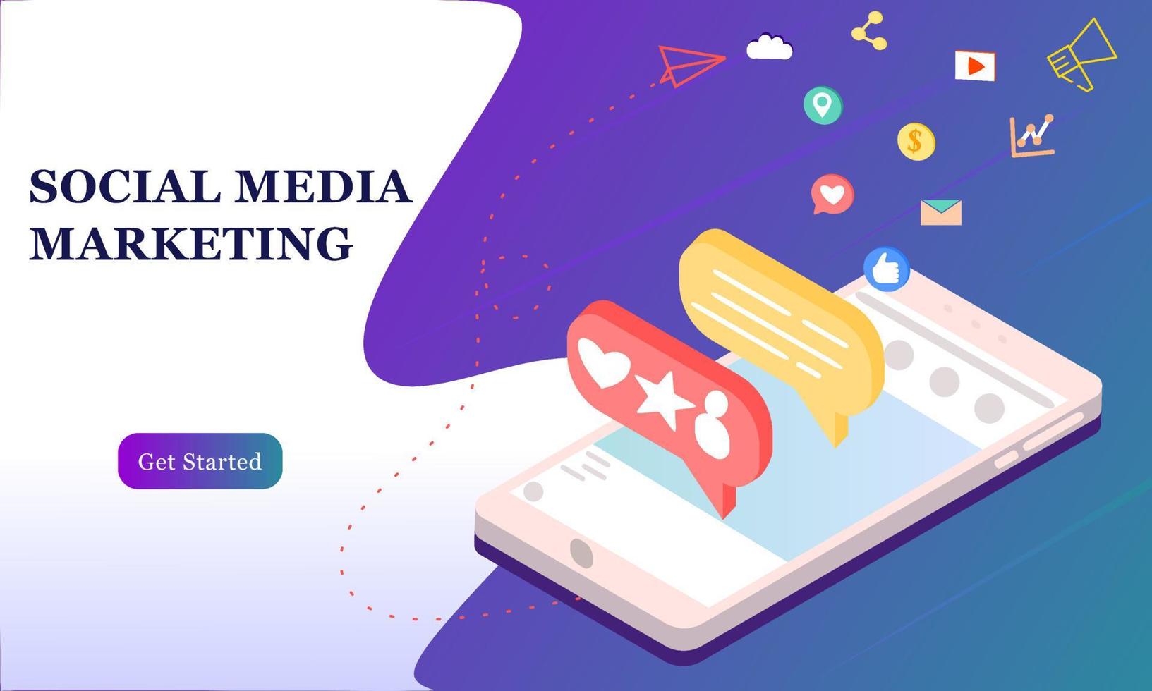 Landing page of social media marketing. Communication in social networks. Image of mobile phone with chat, likes and money. 3d isometric design for infographics, banner, website, promotional materials vector