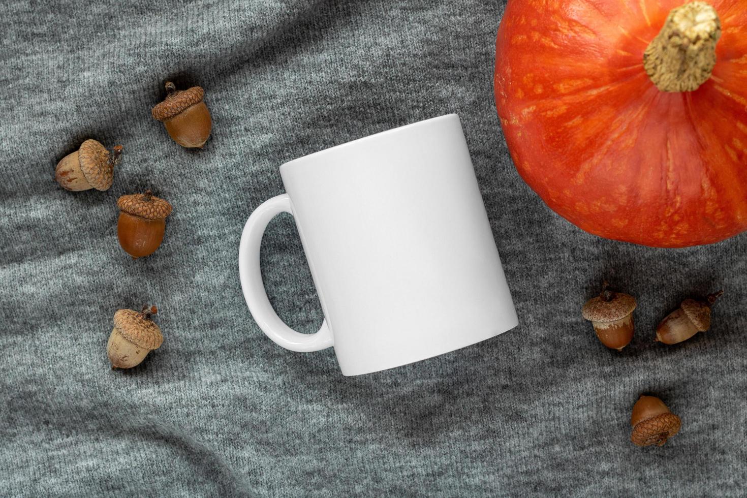 Maqueta de una taza blanca, calabaza y bellotas sobre fondo blanco. foto