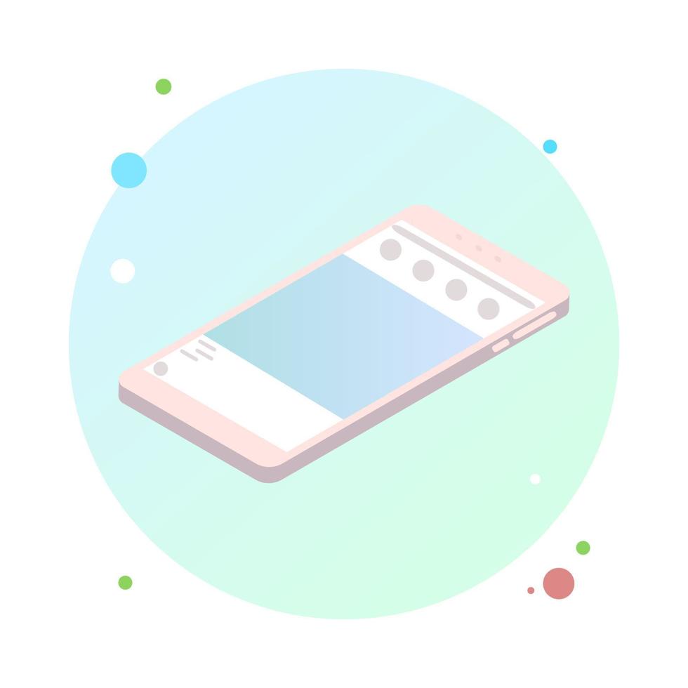 3d isometric smartphone in circle icon. Realistic cell phone can be a template for infographics or presentation of interface. Frame less smartphone. Vector Illustration UI UX design.