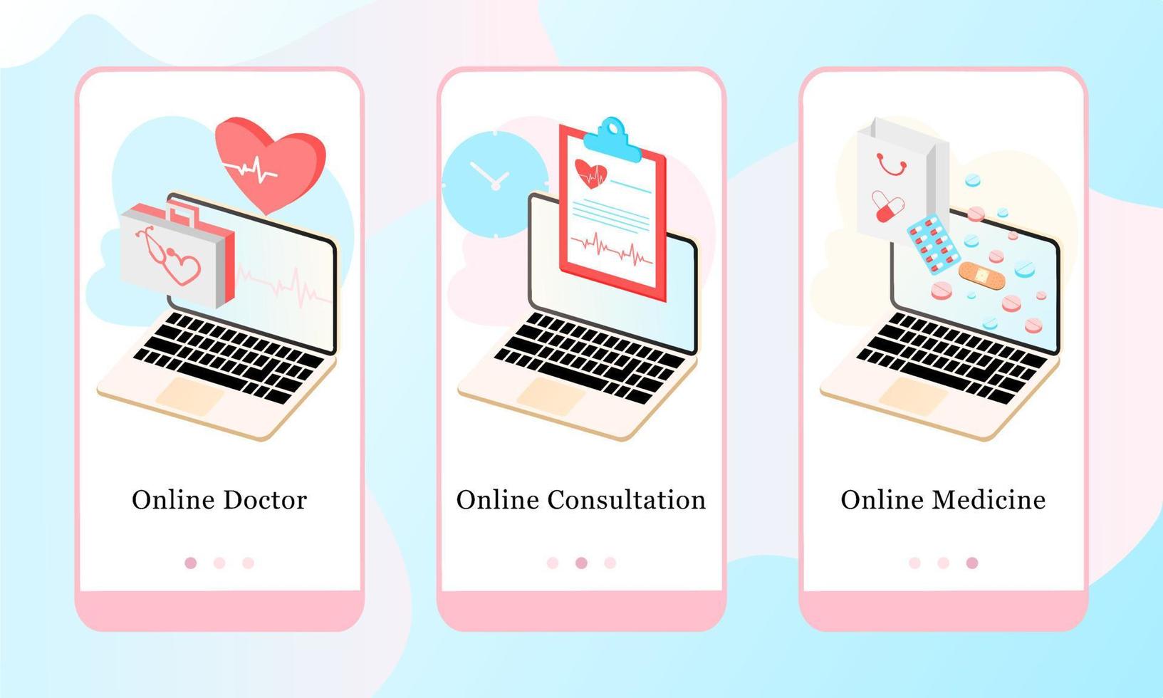 Application design set for Online Doctor, Online Consultation and Online Medicine. UI onboarding screens design. Mobile app template website, web page. Modern vector illustrations for user interface.