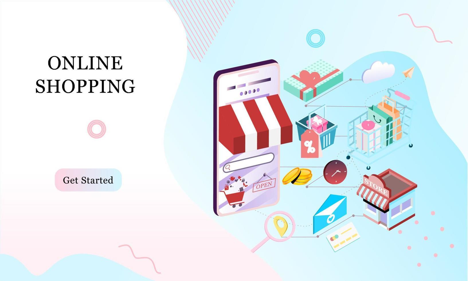 Landing page of 3d isometric online shopping on websites or mobile applications concepts of vector e-commerce and digital marketing. Memphis style illustration for banner online store promotion.