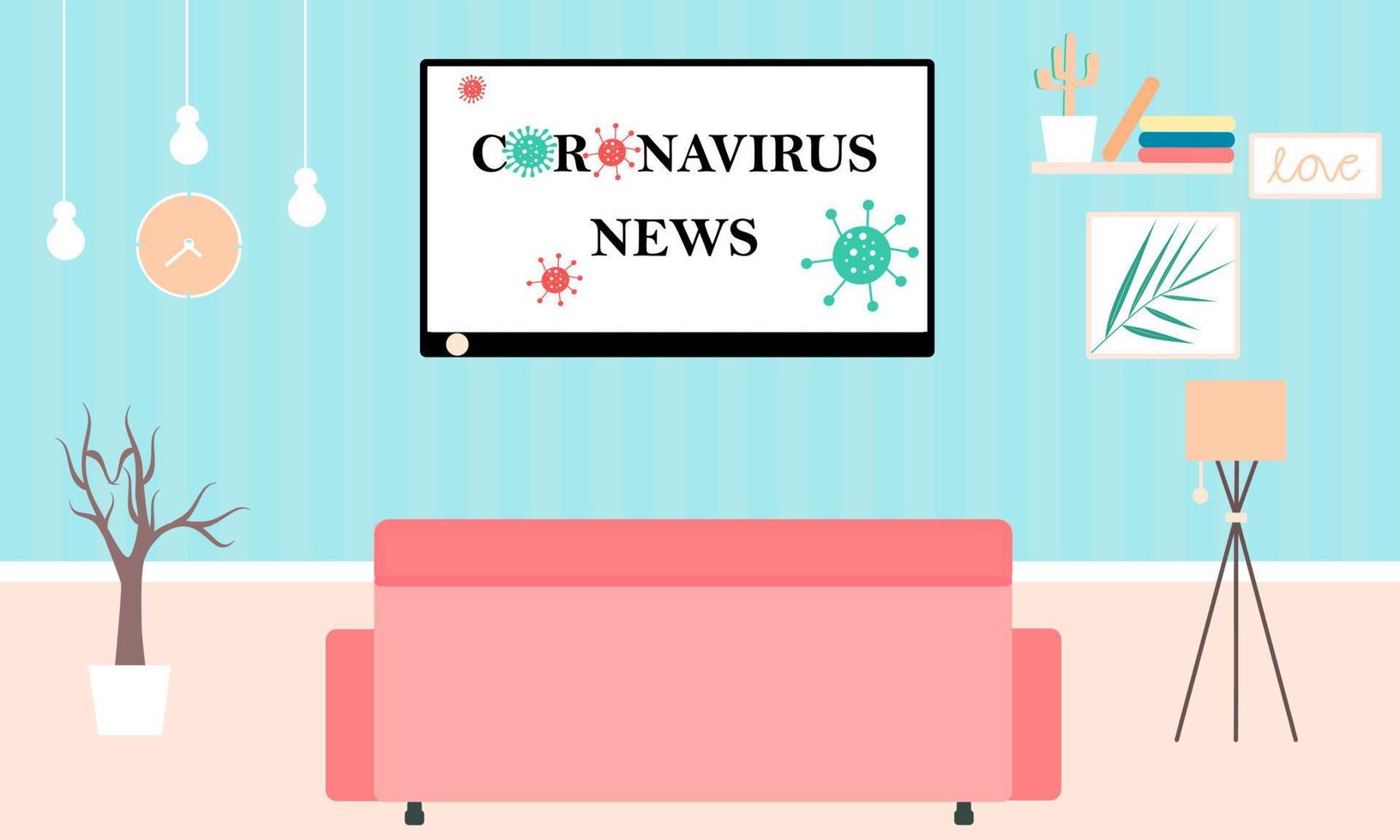 Illustrations depicting news on tv at home. Stay at home and catching up on news about coronavirus. Monitors the situation in the world. Isolation at home. Colorful vector illustration. Landing page.
