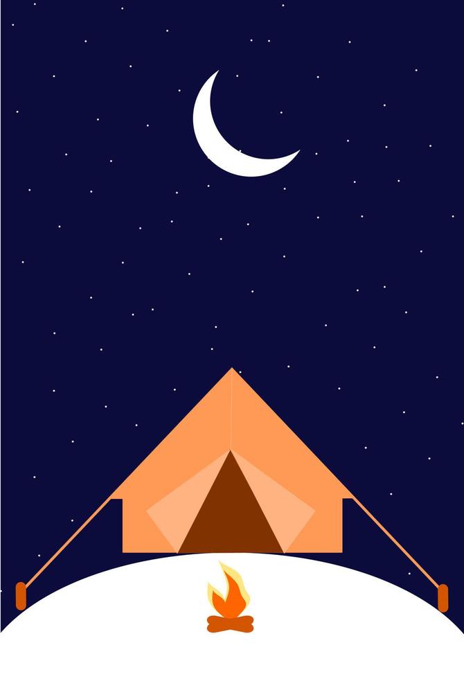 Ilustración de paisaje nocturno en estilo plano con carpa, fogata, luna y estrellas. Fondo para campamento de verano, turismo de naturaleza, camping o concepto de diseño de senderismo. plantilla para protector de pantalla de teléfono móvil. vector