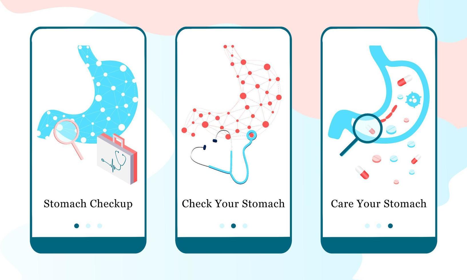 Application design set for Stomach Checkup, Check your Stomach and Care your Stomach. UI onboarding screens design. Mobile app template web site. 3D modern vector illustrations for user interface.