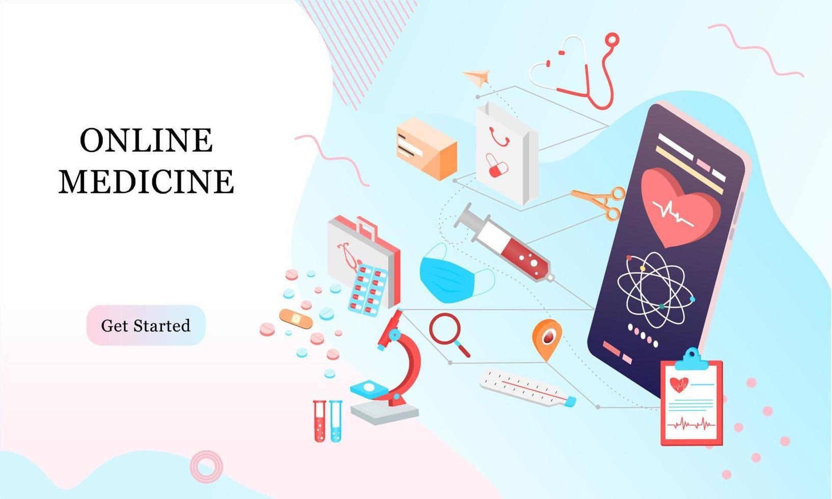 Isometric landing page design template for Online Pharmacy, Online Medicine, Medical Service and Healthcare Insurance. Flat isometric vector illustration for backgrounds, infographics, web banners.