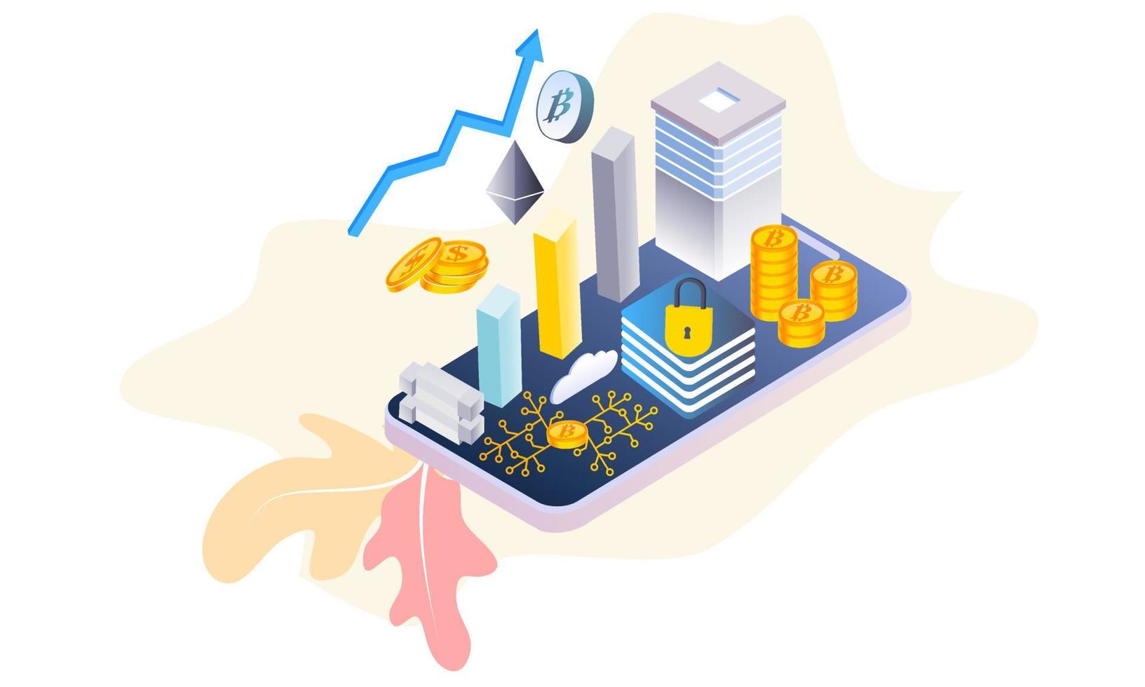 Modern flat design isometric background of blockchain and cryptocurrency for banner and website. Landing page template. Virtual cash transaction, cryptocurrency blockchain concept. Vector illustration