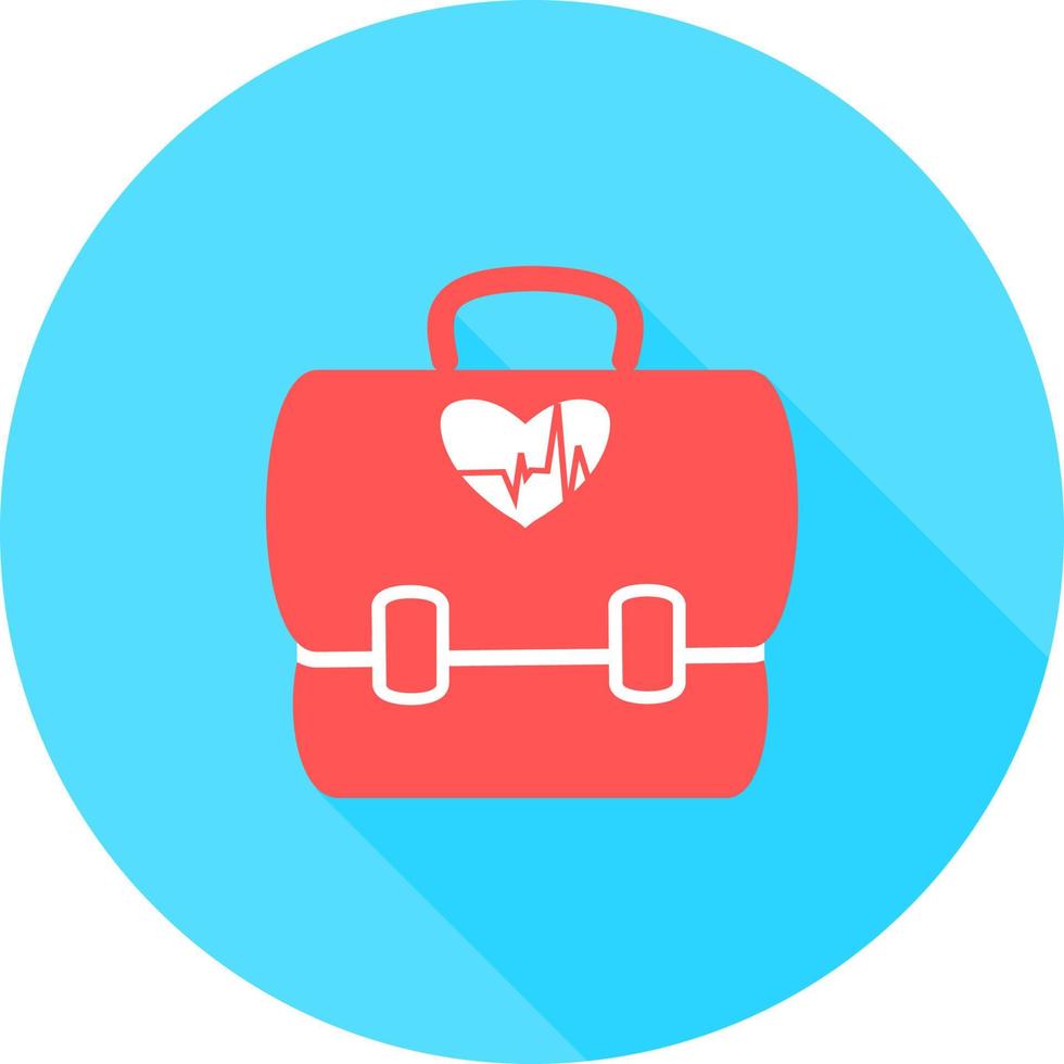Medical bag in circle icon with long shadows. First aid kit medicine. Doctor's first-aid kit. Medicine chest vector illustration. Study medicine doctor's kit bag. Pharmacy. Medical kit icon vector.