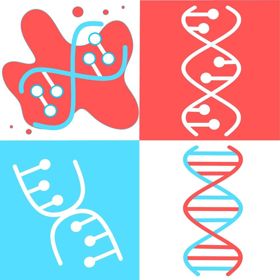 DNA spirals violet and turquoise color icons set. Deoxyribonucleic, nucleic acid helix. Spiraling strands. Chromosome. Molecular biology. Genetic code. Genome. Genetics. Isolated vector illustrations