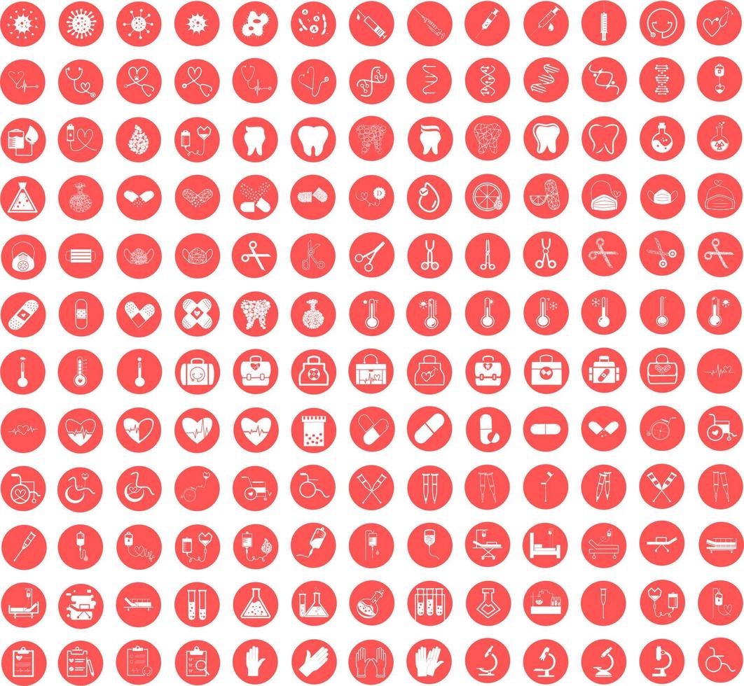 conjunto de 156 iconos vectoriales, signos y símbolos en medicina y salud de diseño plano con elementos en círculo rojo para conceptos móviles y aplicaciones web. colección de logotipo y pictograma de infografía moderna. vector