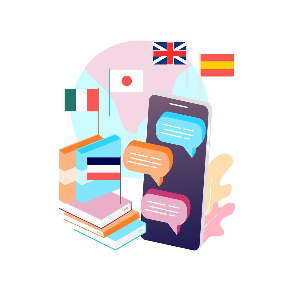 concepto isométrico de diseño plano moderno de la plantilla de banner de cursos de idiomas para desarrollo de sitios web y dispositivos móviles. traducción literal, asistente personal, e-learning, idiomas online. ilustración vectorial. vector