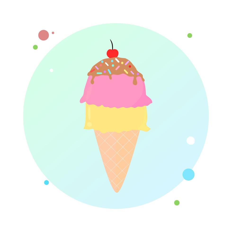 Vector illustration of ice cream cone in circle icon. Ice cream cone flat style in round shaped icon. Ice cream design for poster. Sweet dessert pastry.