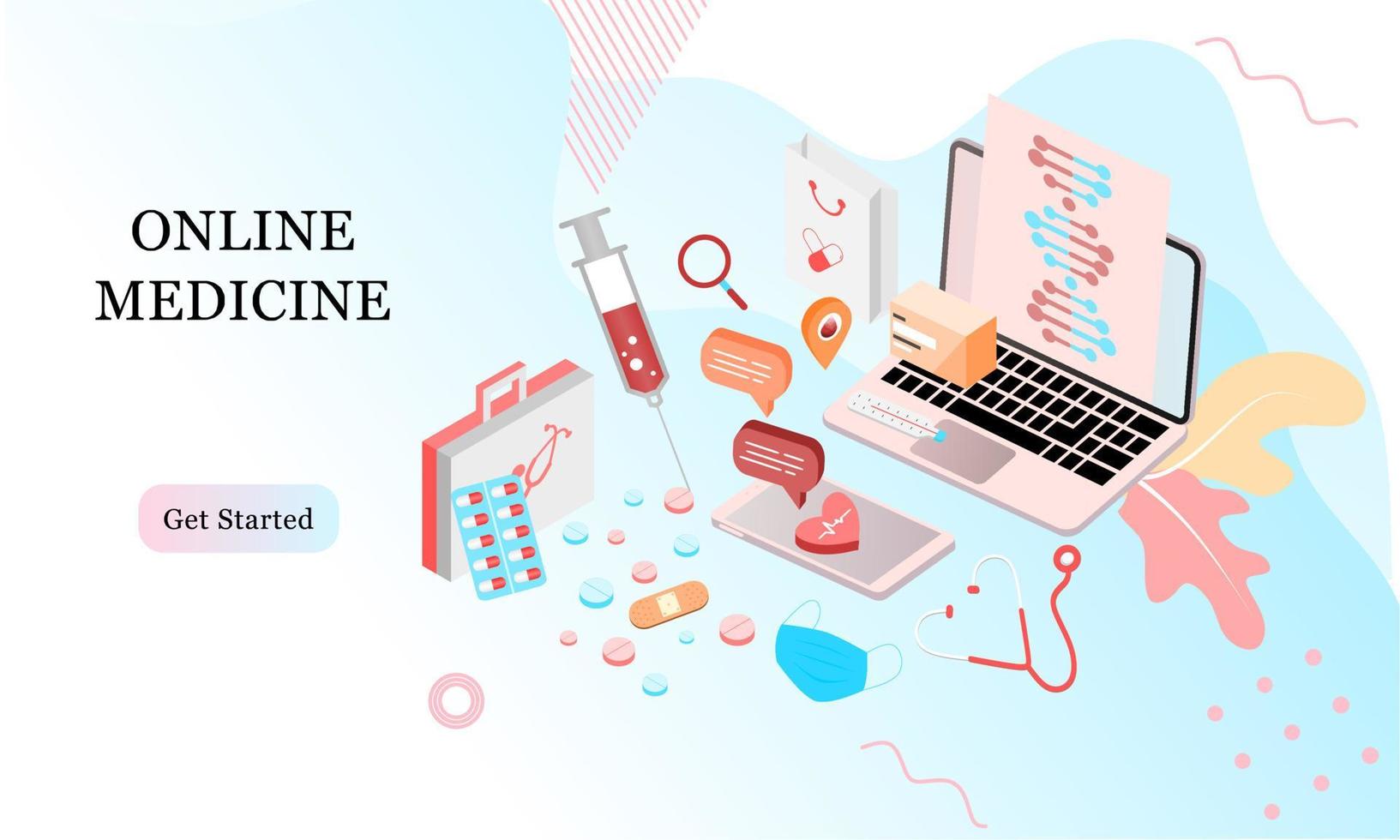 Isometric landing page design template for Online Pharmacy, Online Medicine, Medical Service and Healthcare Insurance. Flat isometric vector illustration for backgrounds, infographics, web banners.