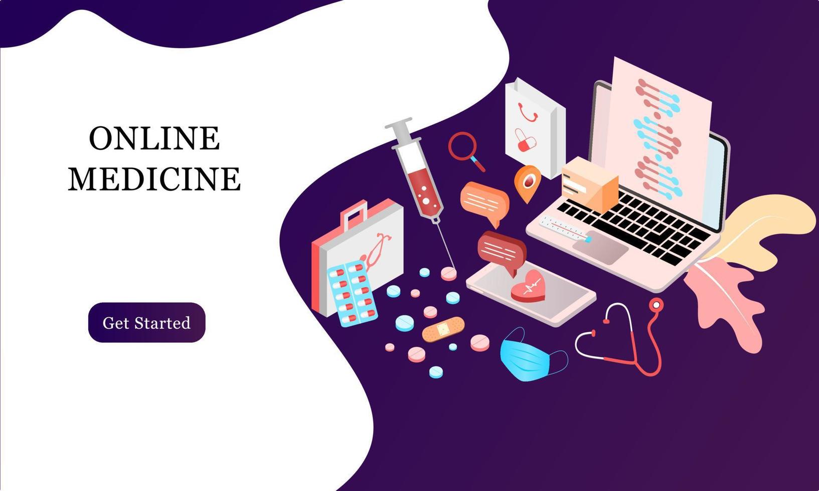 Isometric landing page design template for Online Pharmacy, Online Medicine, Medical Service and Healthcare Insurance. Flat isometric vector illustration for backgrounds, infographics, web banners.