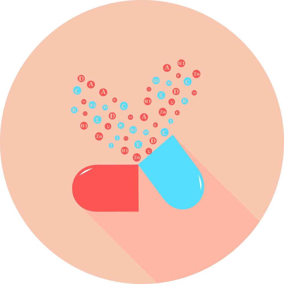 complejo esencial de vitaminas y minerales en el icono de círculo con largas sombras. cápsula de píldora de vitamina de diseño creativo de vector. iconos de complejo multivitamínico. suplemento multivitamínico. cartel de infografía de dieta. vector