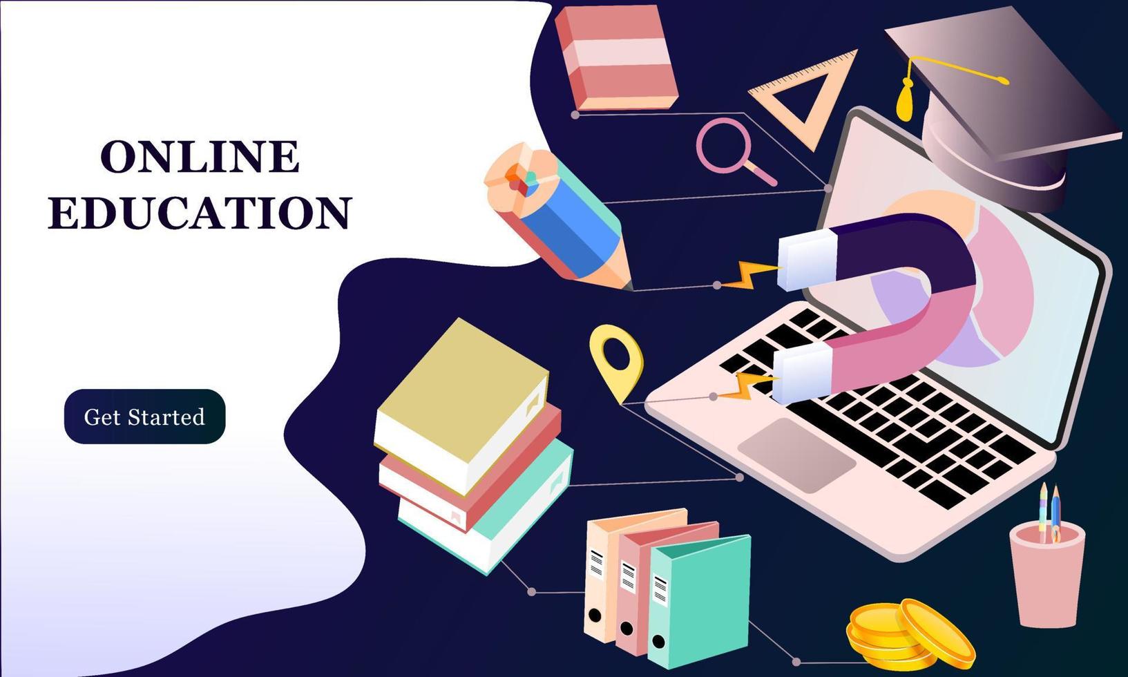 Modern flat design isometric concept of Online Education for banner and website. Isometric landing page template. Online training courses, university studies, e-learning research. Vector illustration.