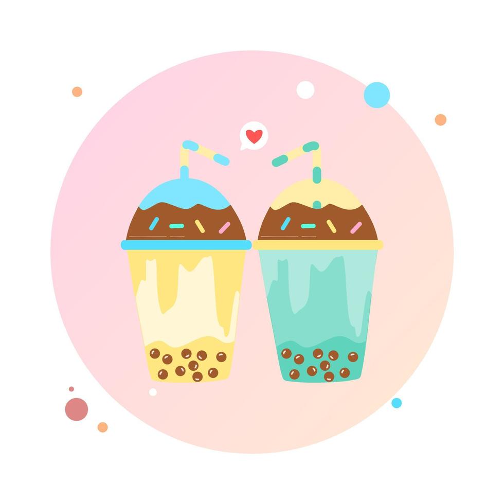 Milk tea with tapioca pearls in circle icon vector illustration. Boba tea drink bright and pretty vector clip art. Bubble milk tea vector set design for couple milk tea ads.