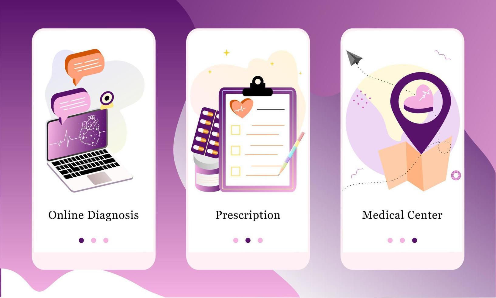 Application design set for Online Diagnosis, Prescription and Medical Center. UI onboarding screens design. Mobile app 3D isometric template web site. Modern vector illustrations for user interface.