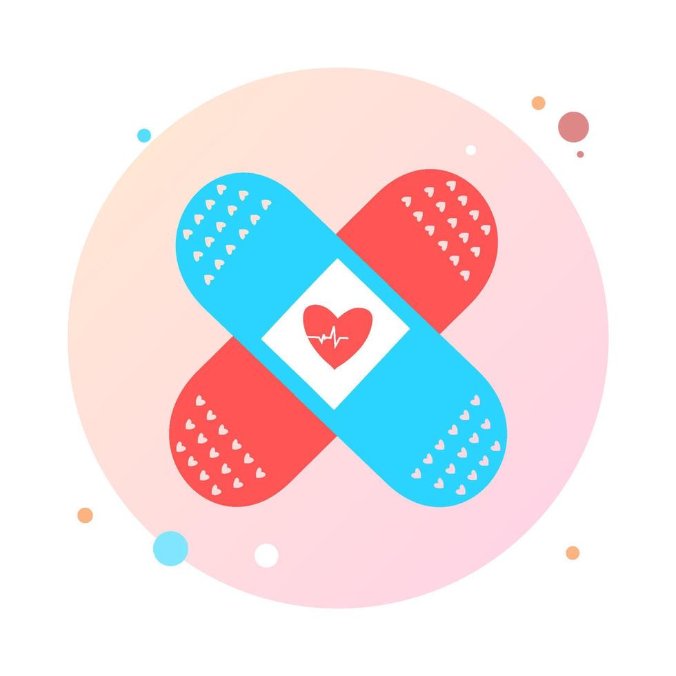 yeso médico en el icono de círculo. Vendaje y cuidado adhesivo de la salud en icono de forma redonda. ilustración vectorial de cinta adhesiva médica, yeso, cinta de lesiones para protección y cuidado. vector