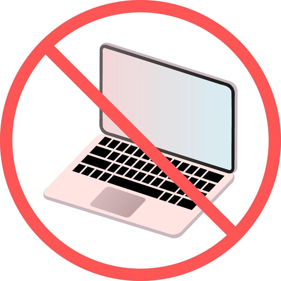 No laptop sign or no computer technology flat vector icon isolated in white background for apps mobile, print and websites. Warning label.