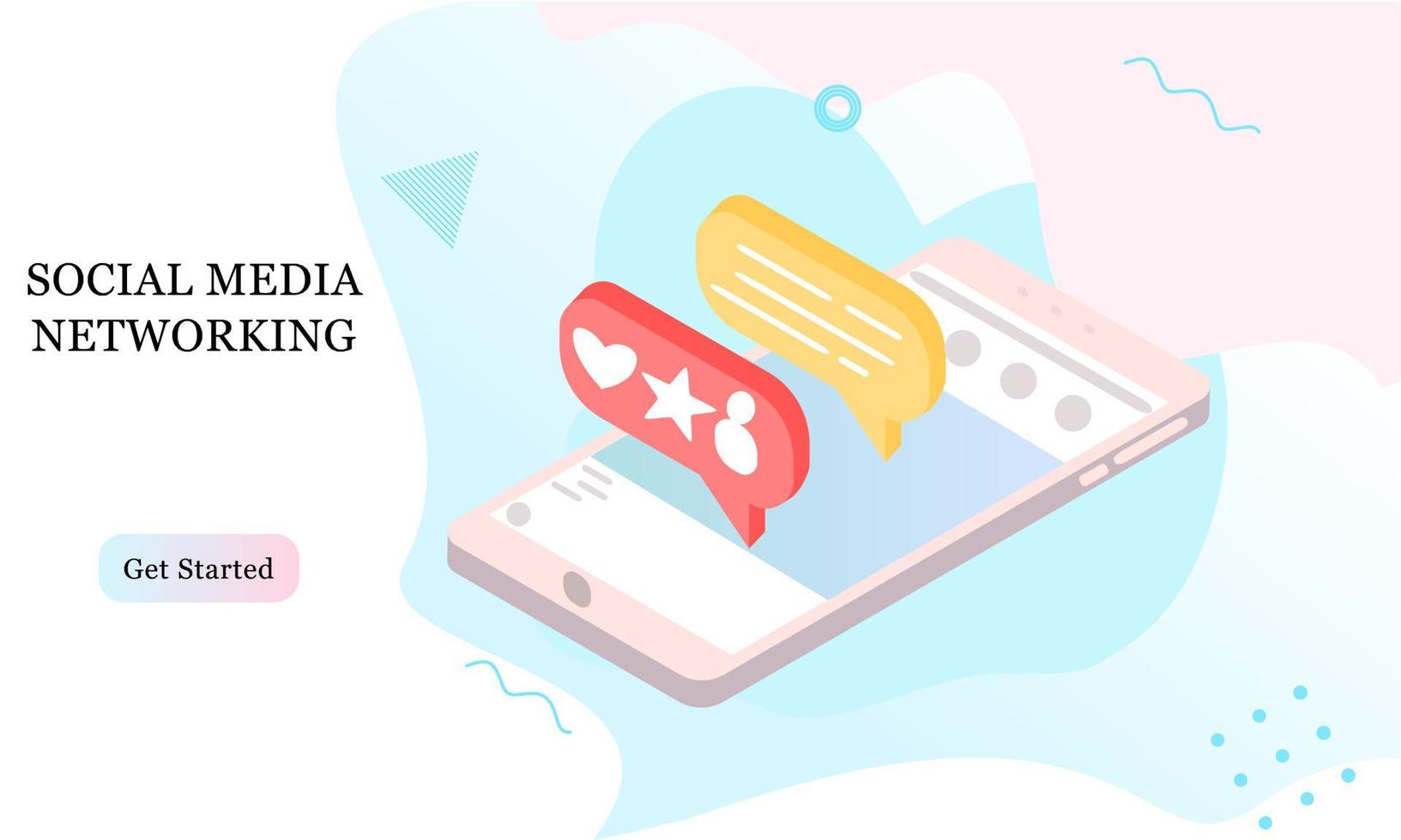 Landing page 3d isometric of social media marketing. Communication in social networks. Image of mobile phone, laptop with chat, likes and money for infographics, banner, website, promotional material. vector