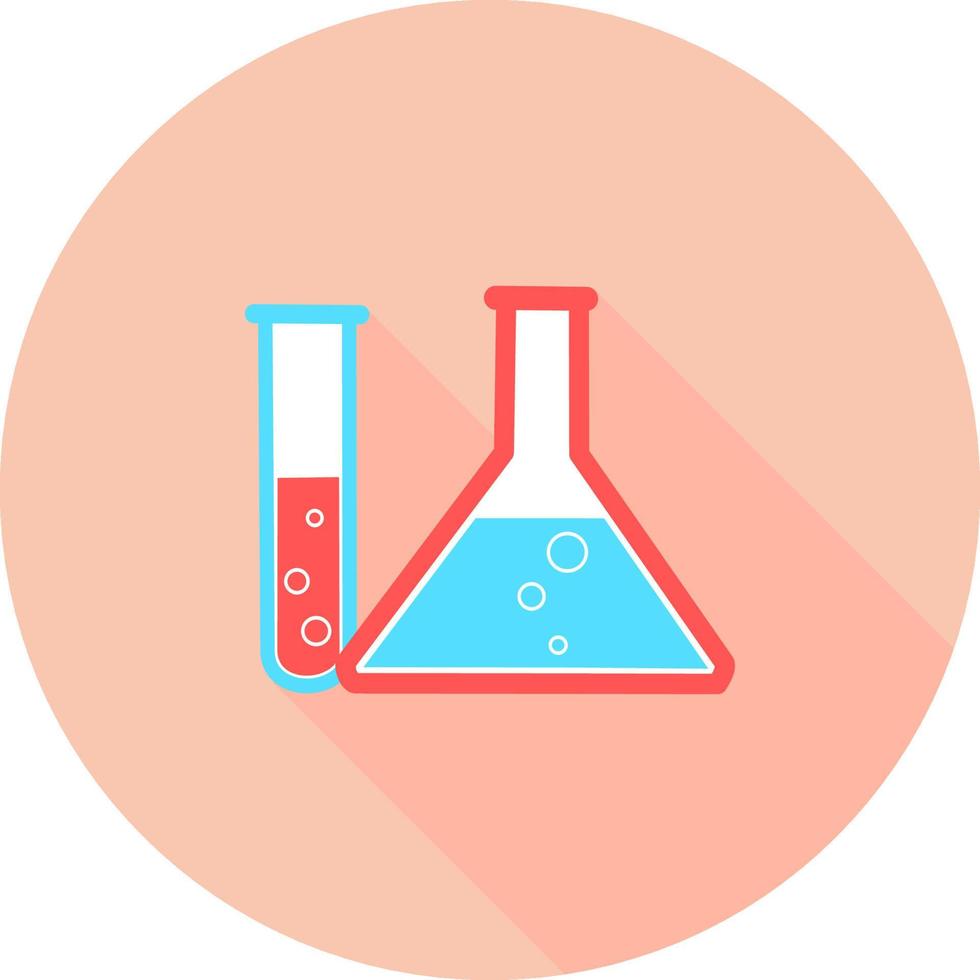 tubo de ensayo químico en el icono de círculo con largas sombras. material de vidrio o vaso de precipitados de laboratorio. símbolo de vector moderno de moda. simple ilustración plana. frascos de laboratorio químico de vidrio para laboratorio de ciencias.