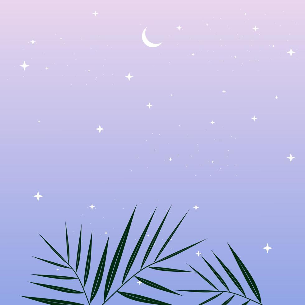 Blue and purple landscape with silhouettes of tropical palm tree leaves, moon and stars in the sky. Background vector illustration for greeting card, poster, nature theme and wallpaper.