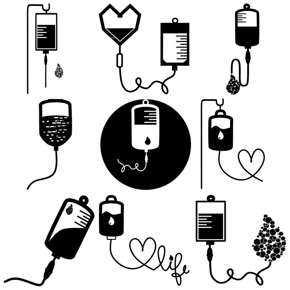 Set of A blood donation bag with tube shaped as a heart. EPS10 vector format. web site design, icon, logo, app, UI. Vector illustration. World blood donor. Give blood