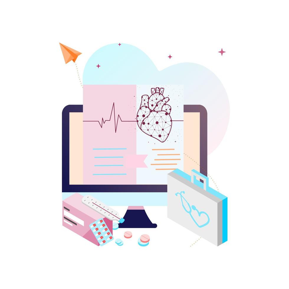 Online medicine on the laptop screen. 3D isometric medical prescription concept. Healthcare consulting web service. Hospital support online. Pharmacy, clinic, drugstore. Vector flat illustration.