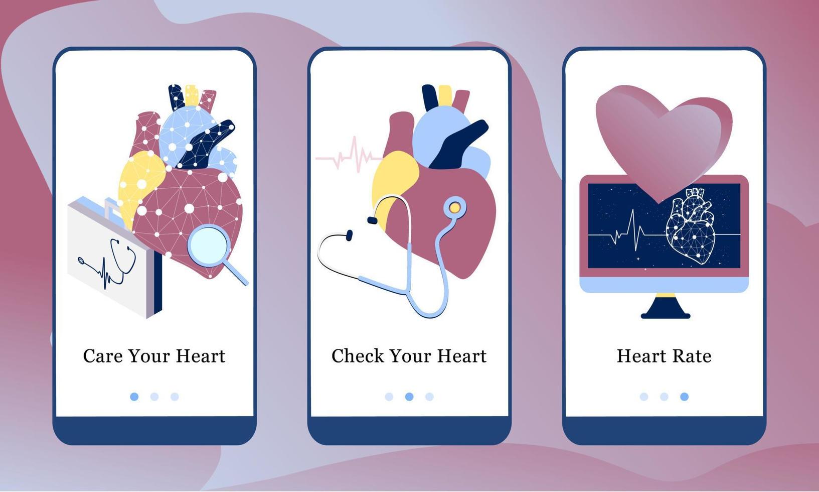 diseño de la aplicación establecido para el cuidado de su corazón, verifique su corazón y frecuencia cardíaca. Diseño de pantallas integradas ui. sitio web de plantilla de aplicación móvil. Ilustraciones vectoriales modernas isométricas 3D para interfaz de usuario vector