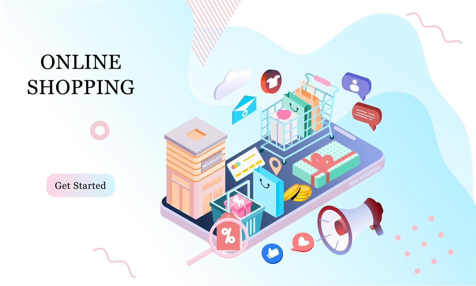 Landing page of 3d isometric online shopping on websites or mobile applications concepts of vector e-commerce and digital marketing. Memphis style illustration for banner online store promotion.