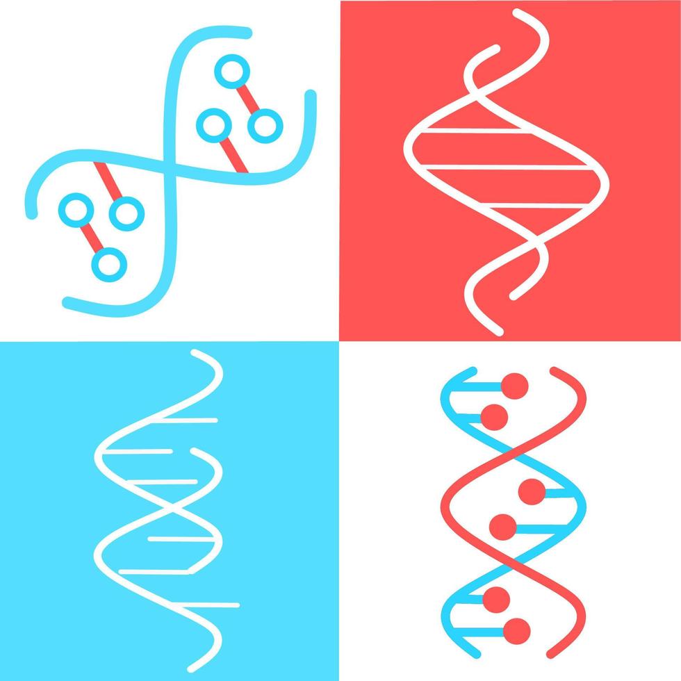 DNA spirals violet and turquoise color icons set. Deoxyribonucleic, nucleic acid helix. Spiraling strands. Chromosome. Molecular biology. Genetic code. Genome. Genetics. Isolated vector illustrations