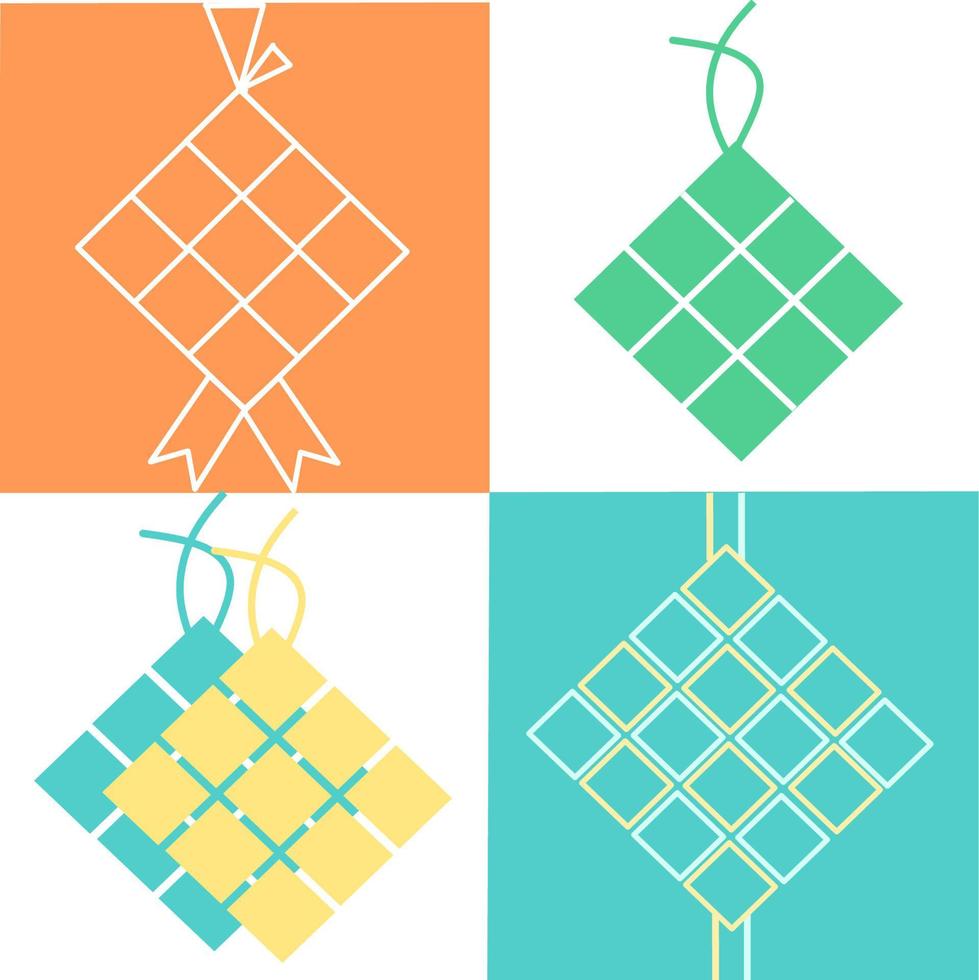 Set of ketupat icons in 4 different design on the green, orange and white background. Vector illustration. ketupat dumplings ready to for Eid Al-fitr, Muslim's holiday. Ramadan Kareem.