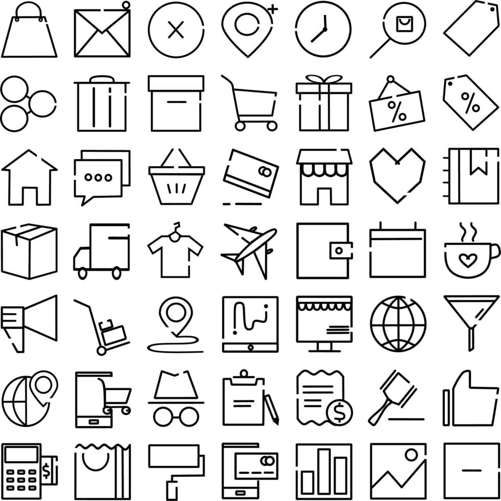 Shopping, ecommerce, retail line icons isolated. Shopping icons symbols in white background. Modern vector illustration of commerce for web page template, print media, cover, banner, background.