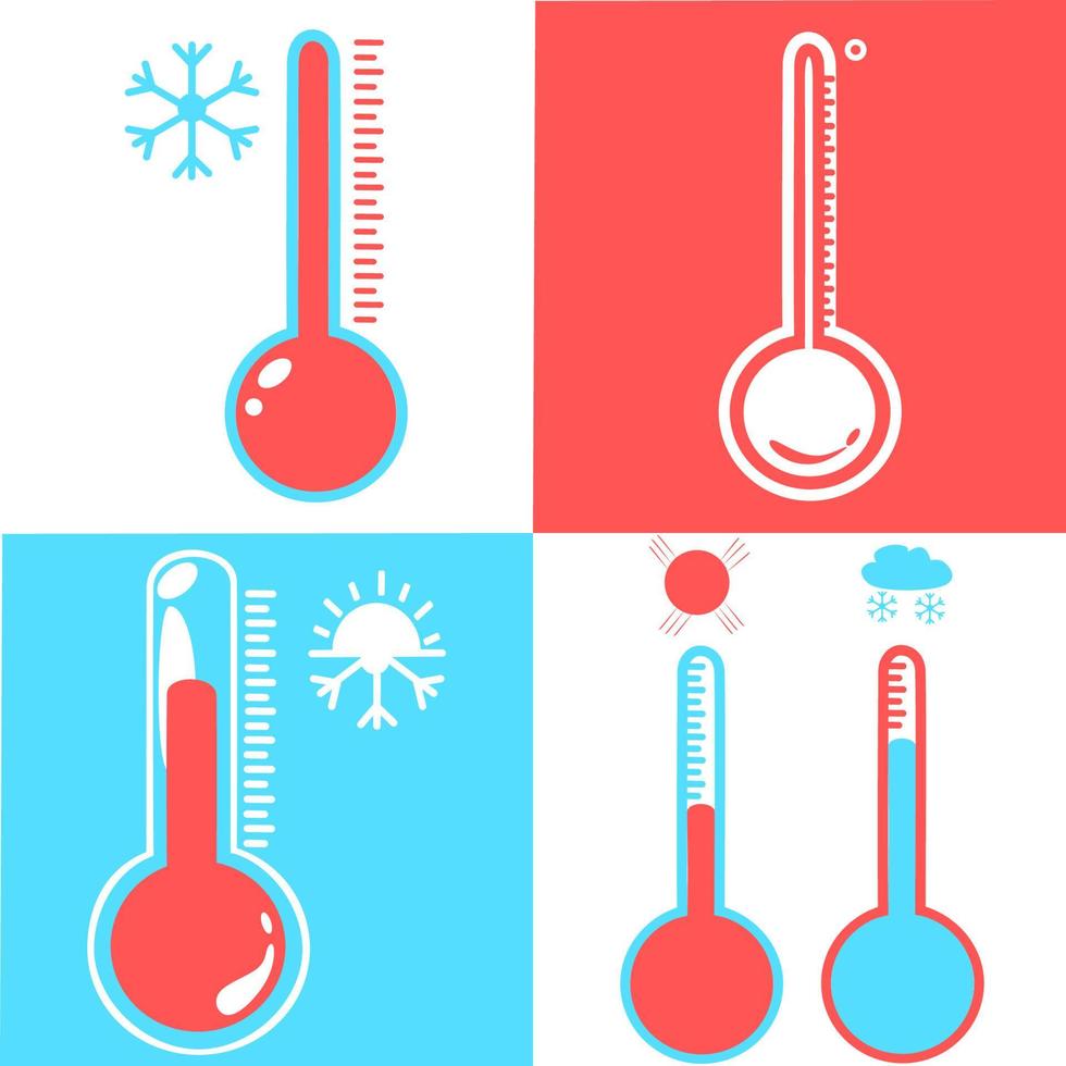 conjunto de termómetros meteorológicos celsius y fahrenheit que miden el calor y el frío, ilustración vectorial. Equipo termómetro que muestre clima frío o caliente. conjunto de termómetros de medicina en estilo plano. vector