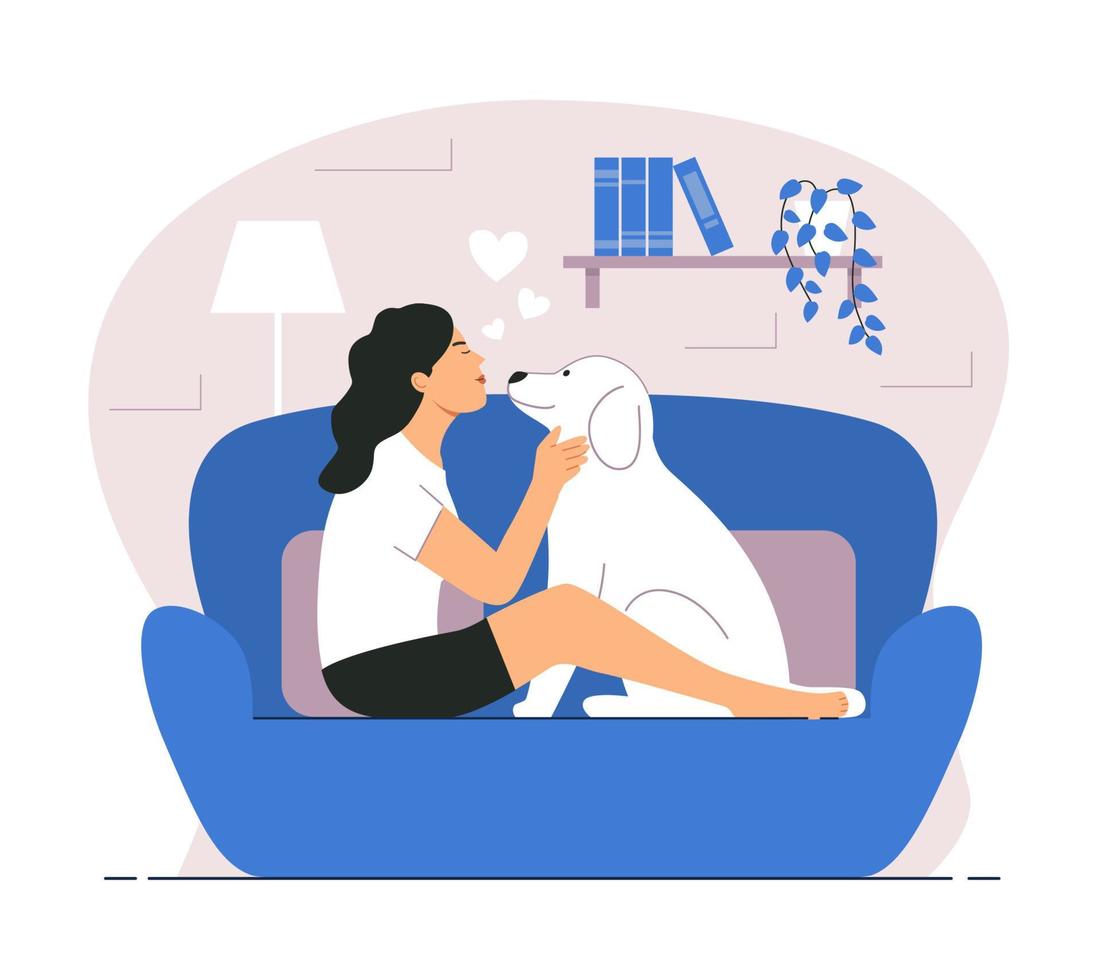 Woman Hugging Her Dog while Sitting on the Sofa vector